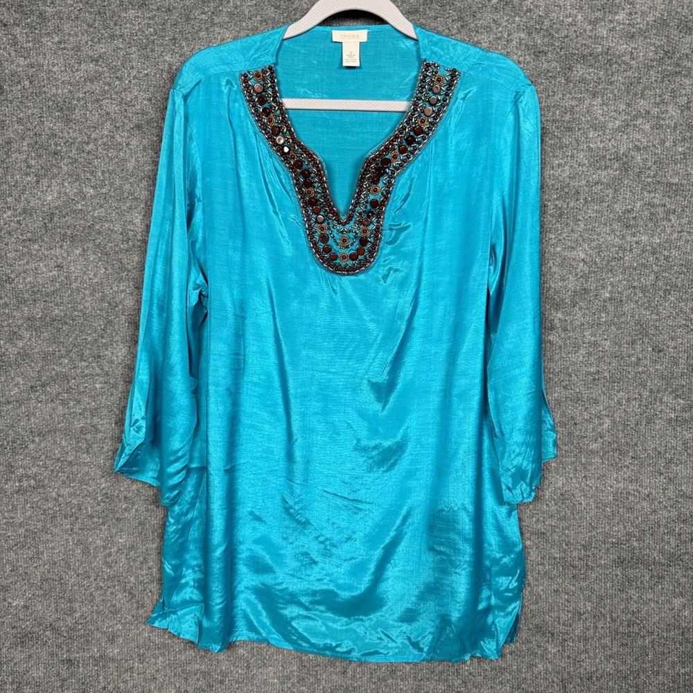 Vtg Chico's‎ Size 2 US L/12 Satin Tunic Blouse Blue Turquoise Beaded Split Neck